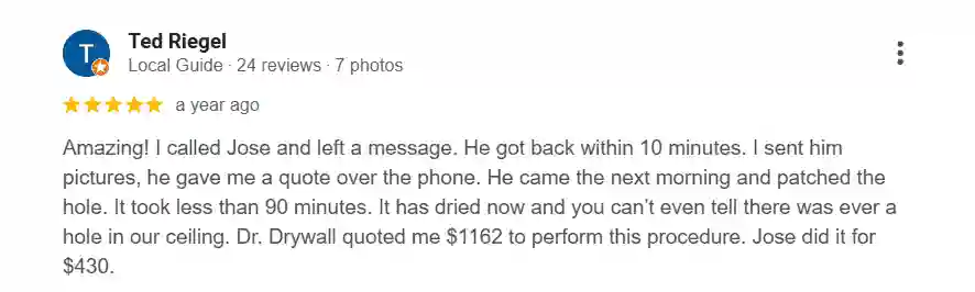 5-star Google review for drywall repair from Lee's Summit homeowner