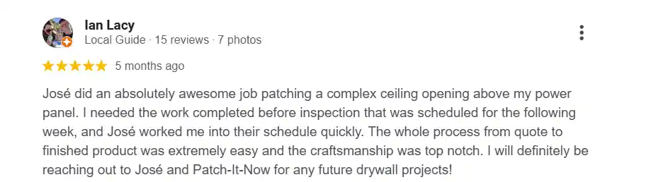 5-star Google review for drywall contractors and texture match in Overland Park