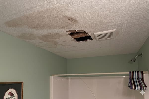 Ceiling before repair — popcorn texture and water stain