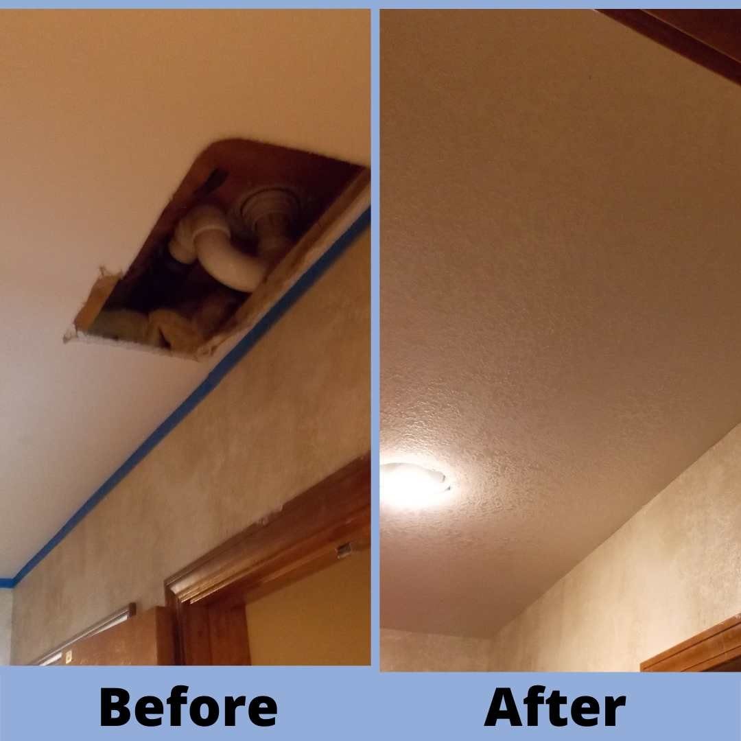 Before and after of a drywall patch repair in a Jackson County, Missouri home
